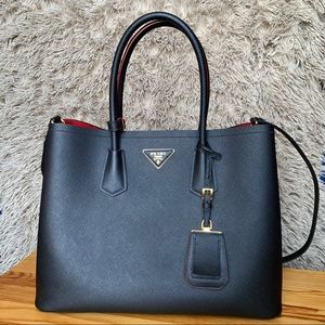 Prada Black/Red Saffiano Cuir Double Bag